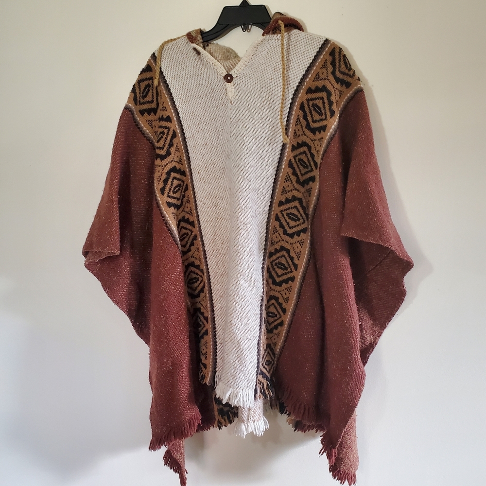 Milmarte Pure Wool Woven Ecuadorian Brown Hooded Poncho Cover Up OSFM Browns